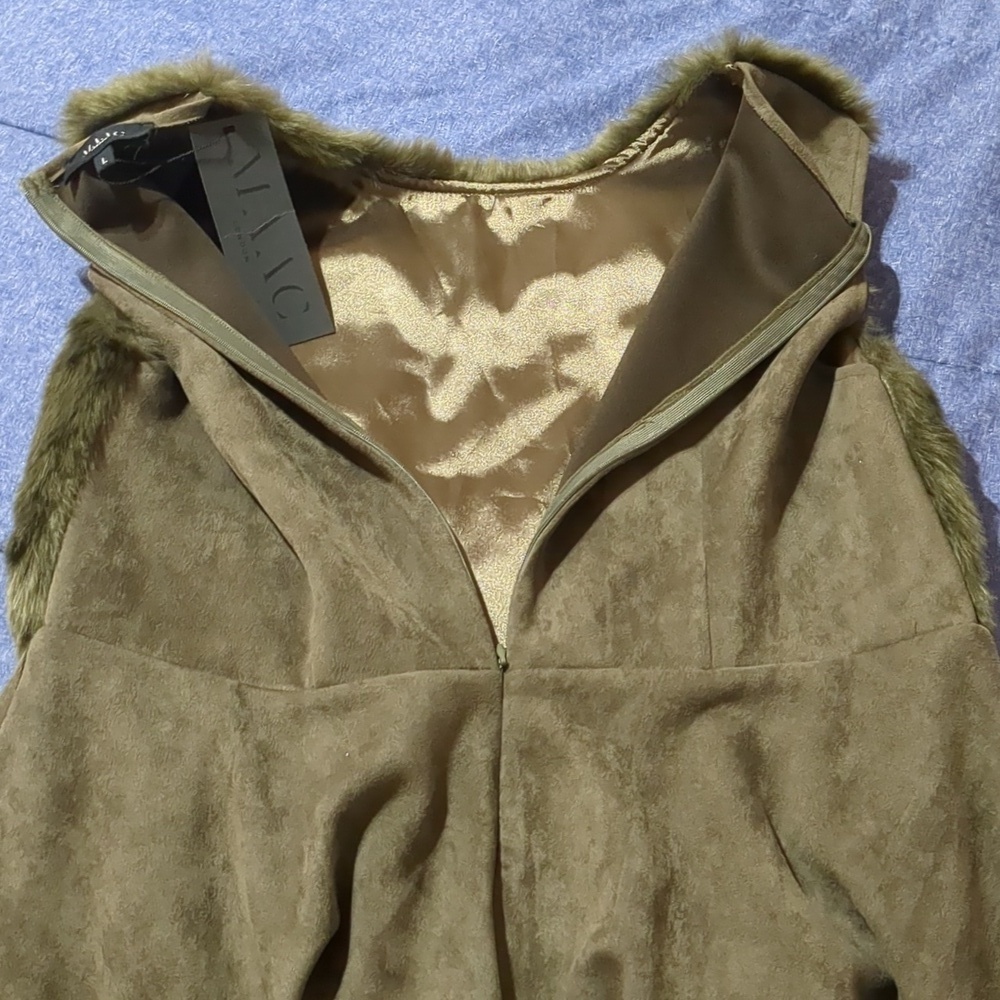 MAAC London Dress Fit & Flare Sleeveless Faux Fur Top Suede Feel Bottom Size L - Picture 9 of 10